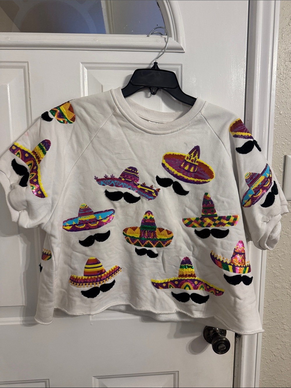 QUEEN OF SPARKLES White Sequin Sombrero & Mustache Sweatshirt